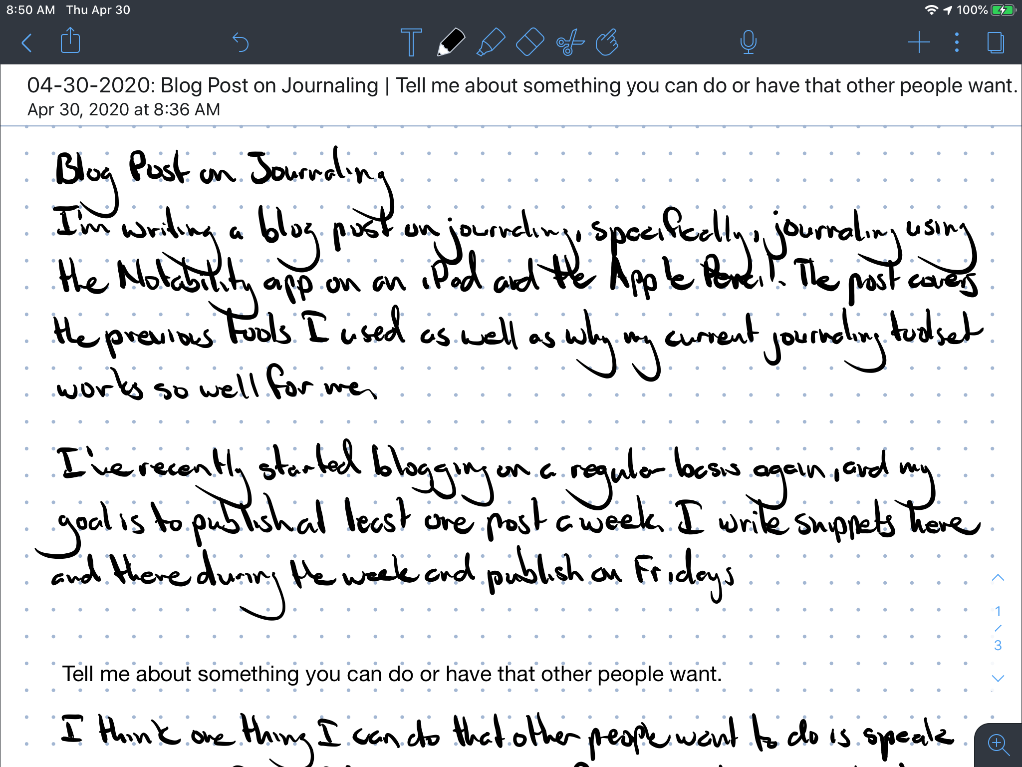 Here's a sample journal entry. It's a combination of a thought I wanted to record as well as a journal writing prompt.