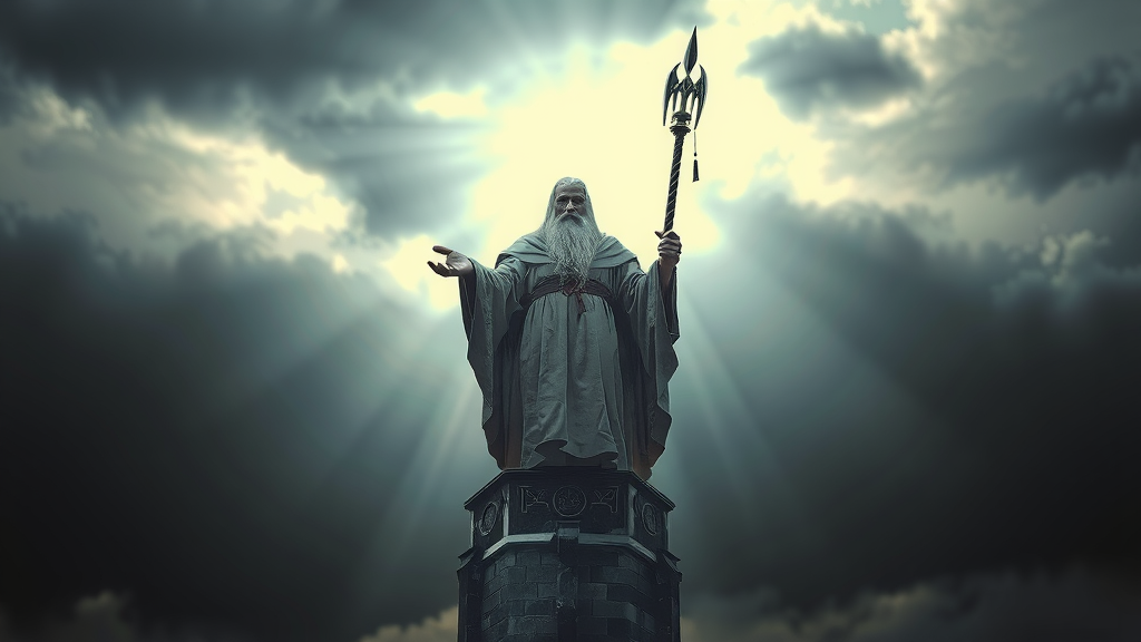Saruman the White atop the tower of Orthanc